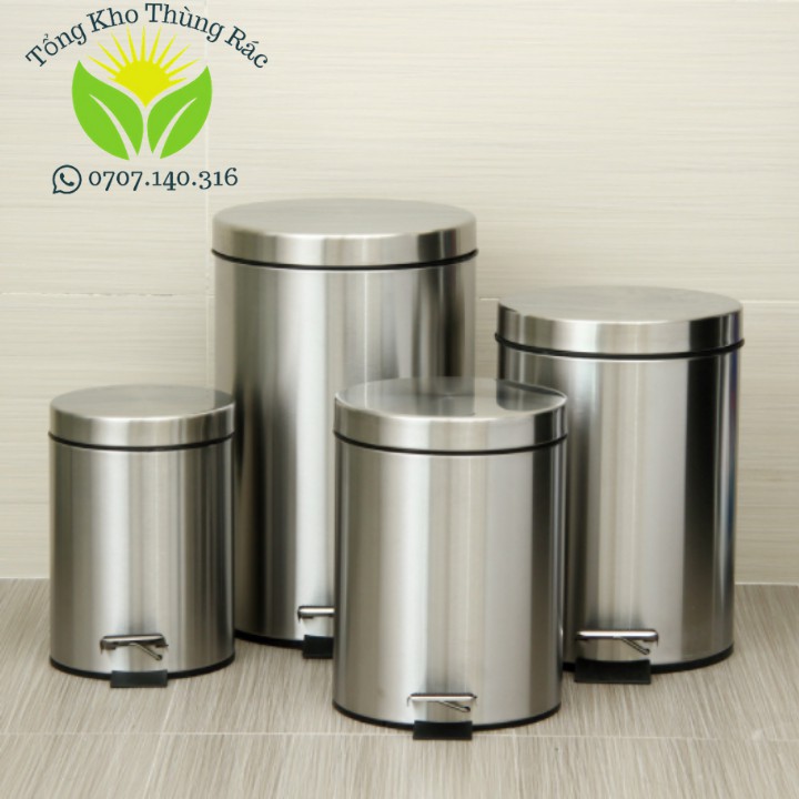 Thùng rác Inox đạp chân 8L (225 * 330), Thùng rác đạp chân inox 8L màu bạc