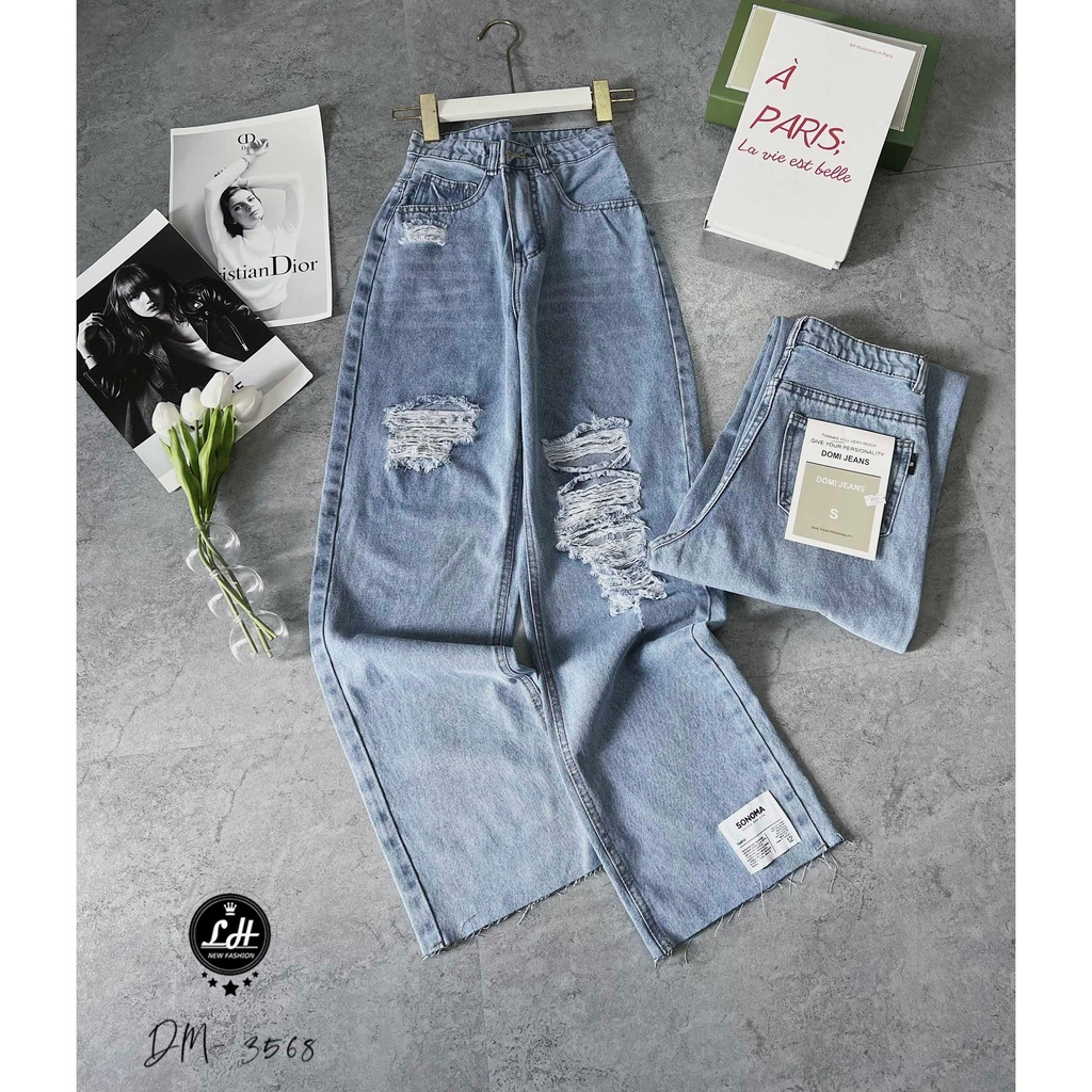 Quần jean nữ ống rộng, quần bò lưng cao màu xanh rách tua rua 2 gối xả lai có tag Lê Huy Fashion MS 3568 | BigBuy360 - bigbuy360.vn