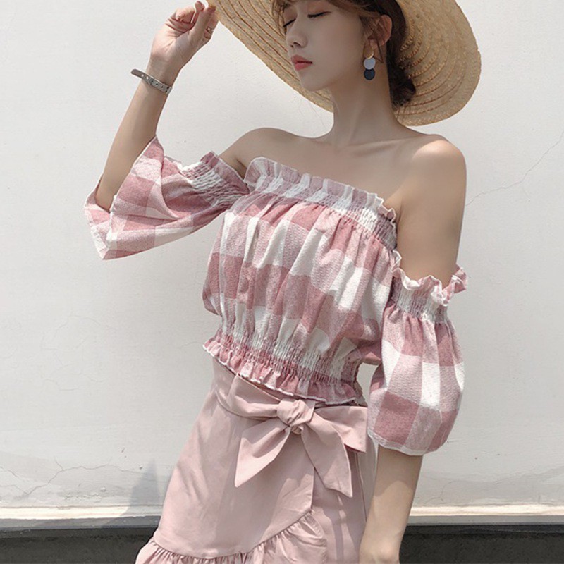 Áo croptop trễ vai phồng caro (CÓ ẢNH THẬT) | BigBuy360 - bigbuy360.vn