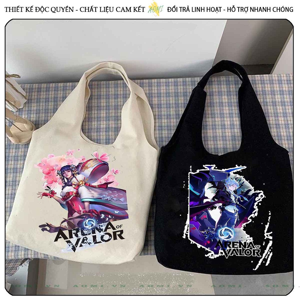 TOTE CANVAS GARENA LIÊN QUÂN TÚI VẢI ĐEO VAI BAG FORM TRÒN NÚT BẤM SIZE LỚN 33x38cm AOMIVN DU LỊCH MÀU ĐEN TRẮNG