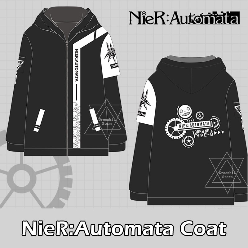 Áo khoác Hoodie màu đen có khóa kéo phong cách Game NieR:Automata