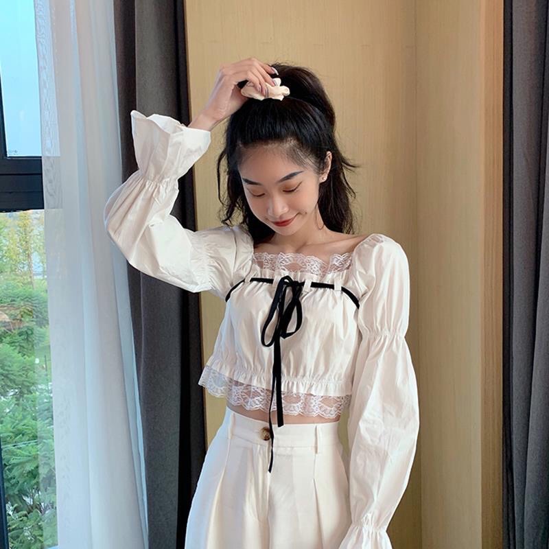 Áo Croptop nữ tay dài phồng phối ren phong cách Hàn Quốc mã QD082