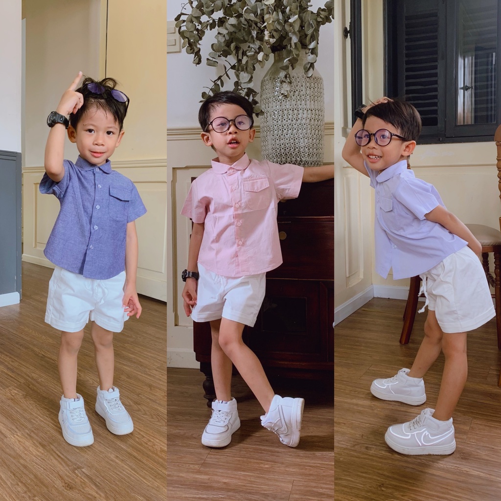 ÁO SƠ MI TAY NGẮN CỔ SEN COTTON TRƠN XANH/HỒNG/DENIM CHO BÉ