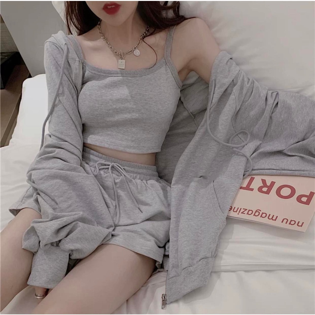 Set 3 món áo khoác hodie áo 2 dây kèm quần short mặc thu đông phong cách cá tính Hàn Quốc