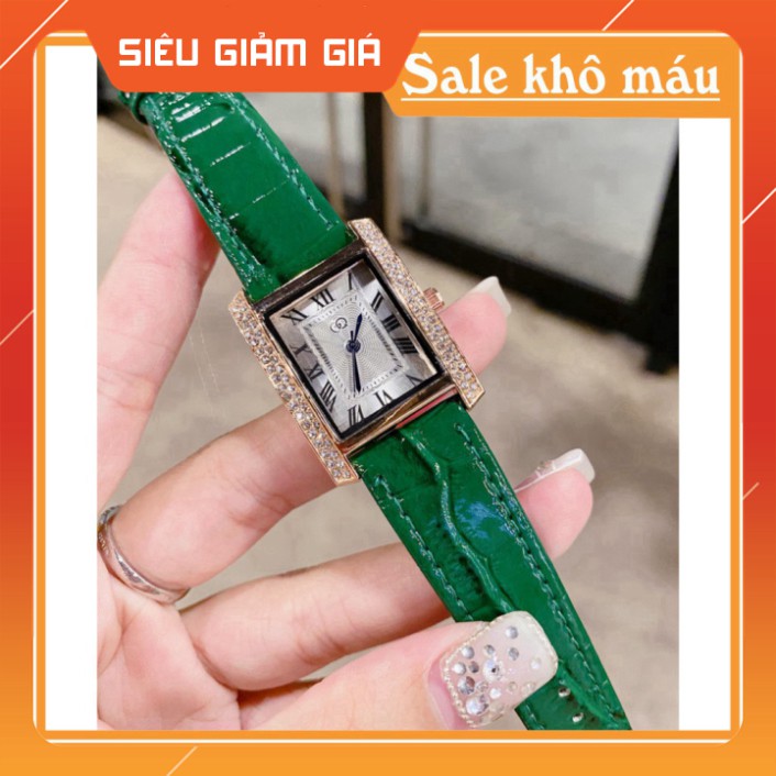 Đồng hồ nữ thời trang GQ dây da mặt vuông viền đính đá sang trọng quí phái - Tặng kèm hộp và Pin - KÉT Shop