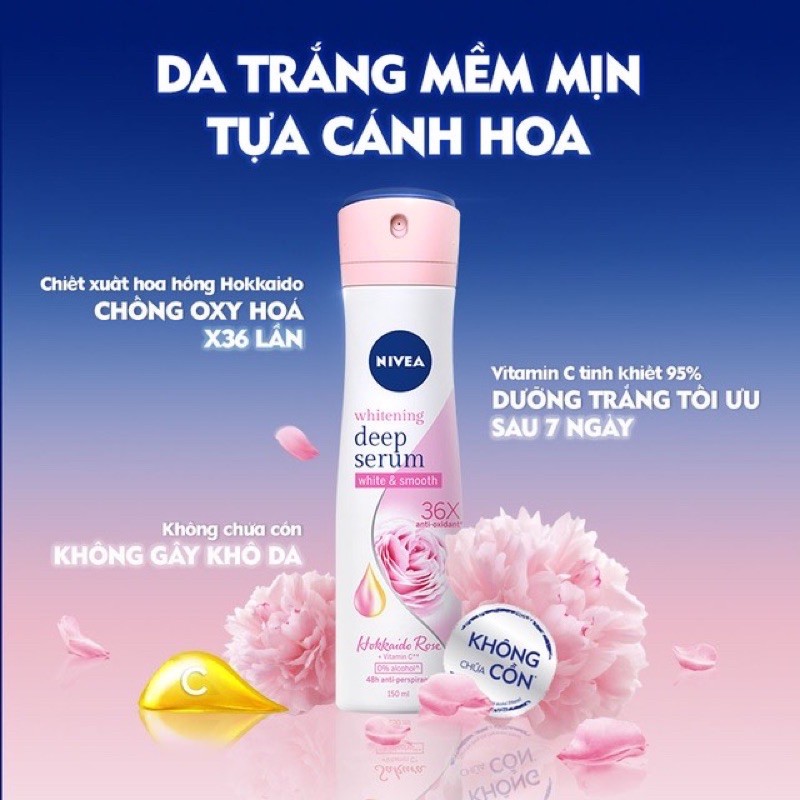 Xịt ngăn mùi nữ NIVEA Deep Serum 150ml trắng mịn hương hoa Lily | Hokkaido Rose