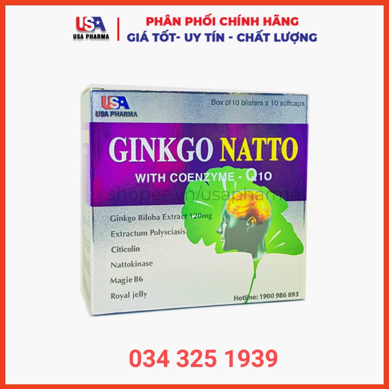 Viên uống bổ não Ginko Natto Q10 USA giúp tăng cường trí nhớ, hỗ trợ tuần hoàn máu não - Hộp 100 viên