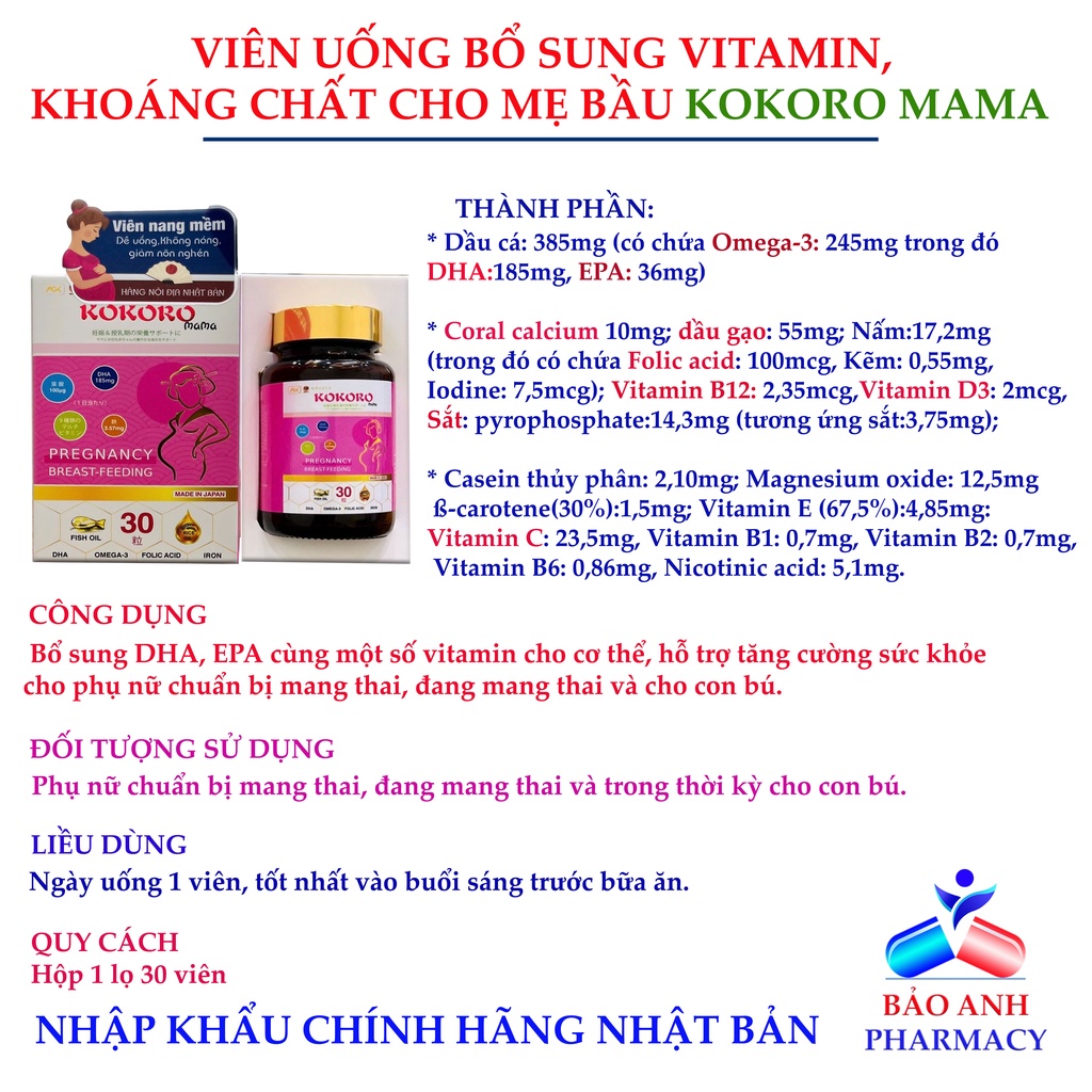 Viên bổ bà bầu KOKORO MAMA - Hàng Nhật nội địa - Giải pháp cũng cấp DHA, EPA và các vitamin thiết yếu cho bà bầu