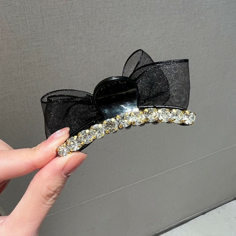 Kẹp Tóc Nơ Kim Loại Hai Mặt Đính Đá Lấp Lánh Màu Đen Phong Cách vintage Hàn Quốc Cho Nữ