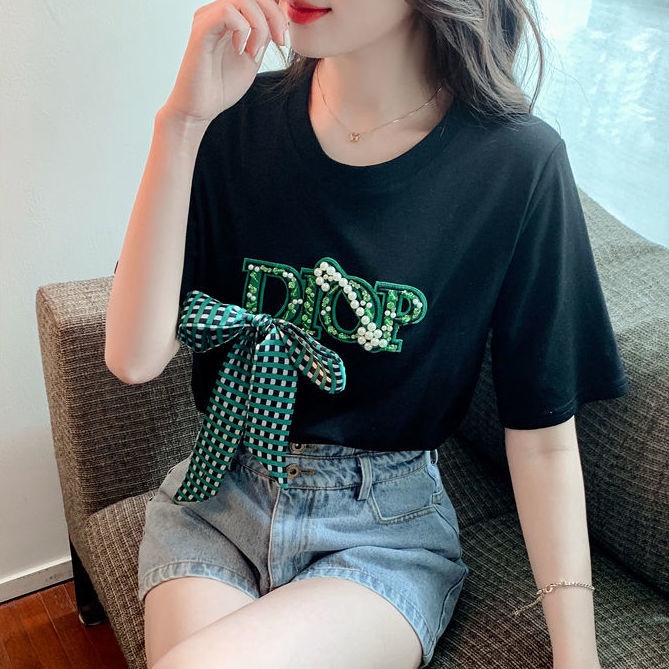 Áo thun nữ ngắn tay cổ tròn in chữ đính đá phong cách phương tây