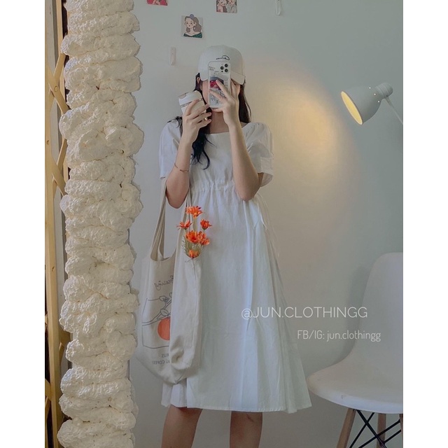 [Hàng Có Sẵn, Ảnh Thật] Váy Babydoll Cổ Vuông Tay Bồng Rút Dây Eo Cực Xinh( Mặc Được 2 Kiểu)