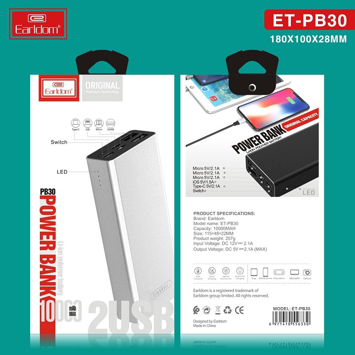 Pin Dự Phòng 10000mAh Earldom PB30 Hàng Chính Hãng - BH Lỗi 1 Đổi 1