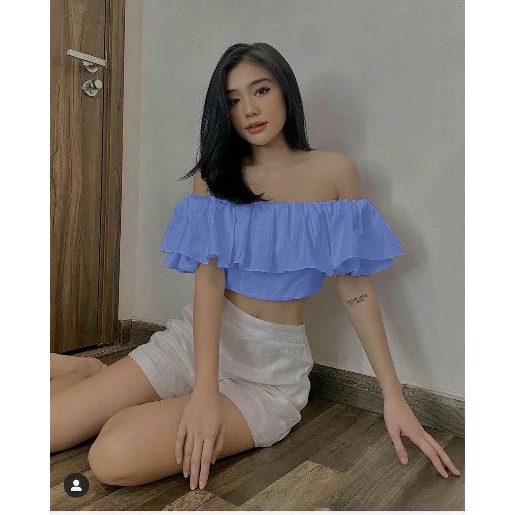 Áo crotop trễ vai tay phồng xếp li màu xanh tôn dáng dễ phối đồ alohashop91