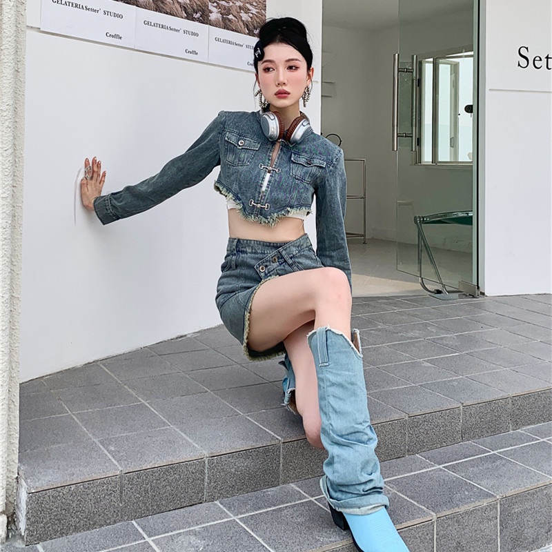 Set Áo Khoác Jeans Dài Tay + Chân Váy Jeans Thời Trang Nữ