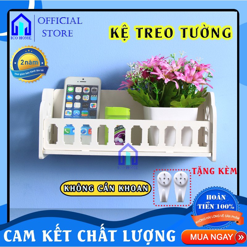 Kệ treo tường trang trí bằng gỗ đựng đồ đa năng, kèm móc đinh chịu lực KHÔNG CẦN KHOAN - ICO HOME