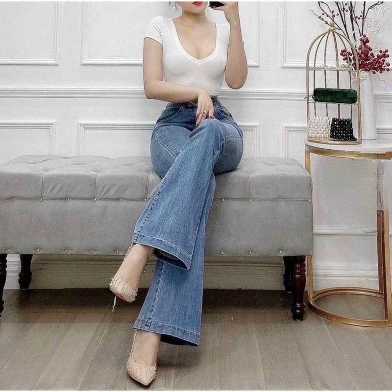 Quần jean ống loe lưng cao, Quần jean nữ ống bass chất co giãn phom chuẩn hàng loại 1