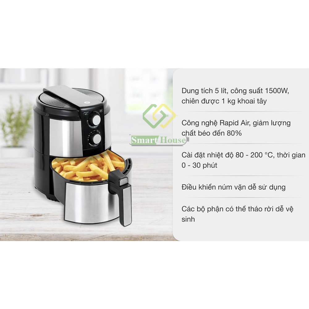 Nồi Chiên Không Dầu 5L Mishio MK220 Vỏ Inox - Smart House