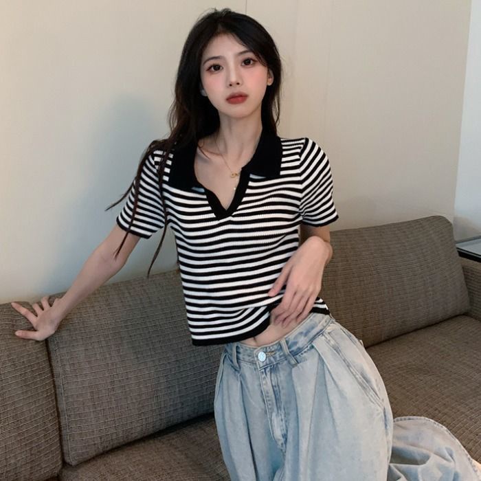 Áo Thun Polo Ngắn Tay Họa Tiết Kẻ Sọc Thời Trang Mùa Hè Cho Nữ