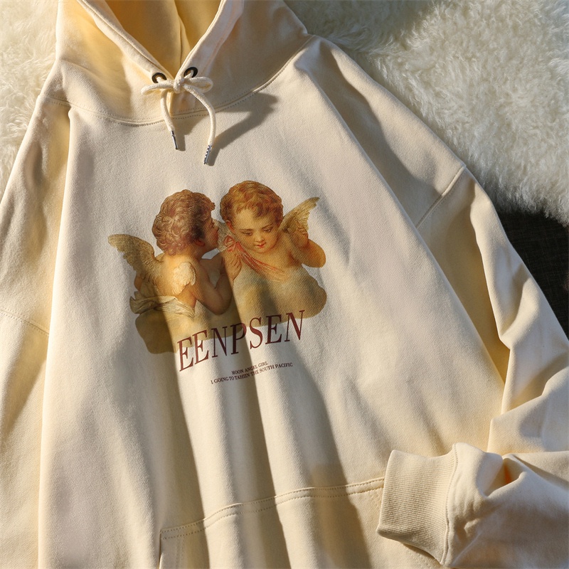 NRVP Áo hoodie dáng rộng in hình thiên thần thời trang Hàn Quốc 2022 dành cho nữ