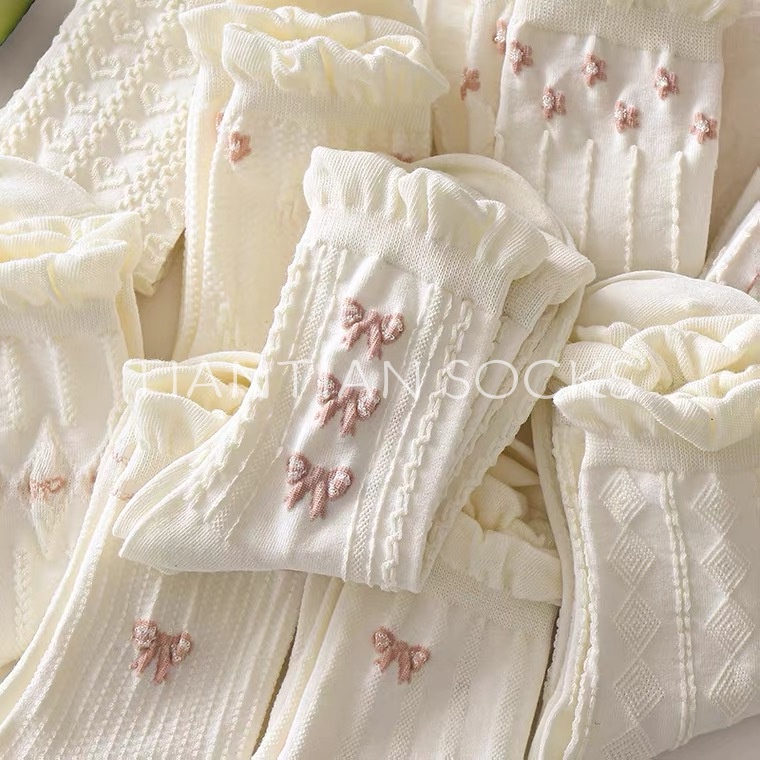 TIANTIAN T221 Tất cao cổ Vớ cotton Mỏng Màu Trắng Phối Ren Đính Nơ Phong Cách Nhật Bản Dễ Thương Thời Trang Xuân Hè Cho Nữ