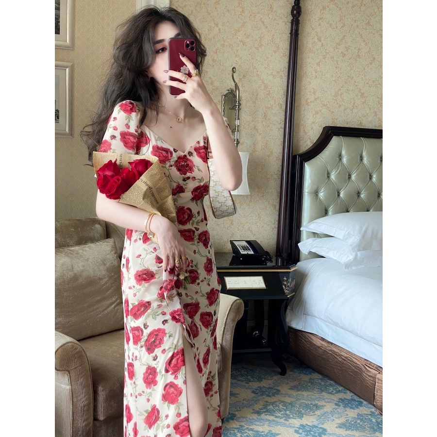 Đầm Ôm Eo Xẻ Tà In Họa Tiết Hoa Hồng Lãng Mạn Mùa Hè Mới 2021