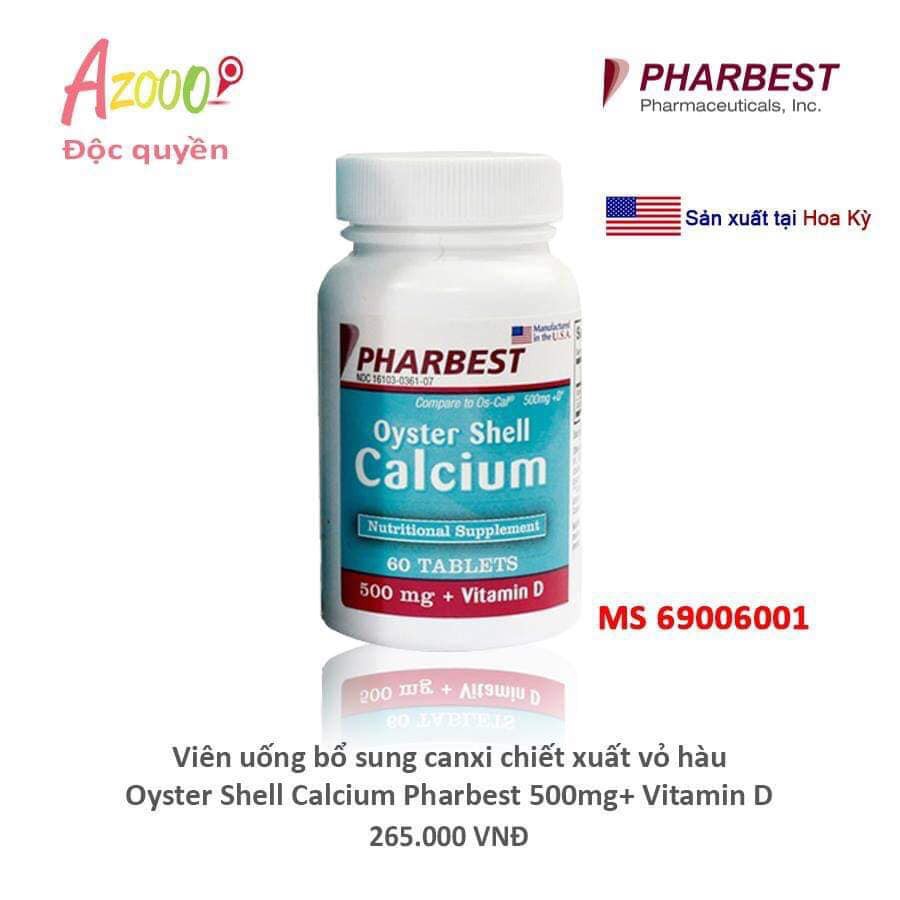 Viên uống bổ sung canxi chiết xuất vỏ hàu Oyster Shell Calcium Pharbest 500mg và Vitamin D