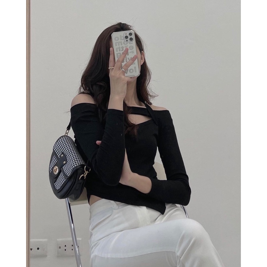 Áo trễ vai tay dài ❤️ Áo len tăm dài tay kèm dây yếm dáng ôm sexxy co giãn phong cách Ulzzang - AO16
