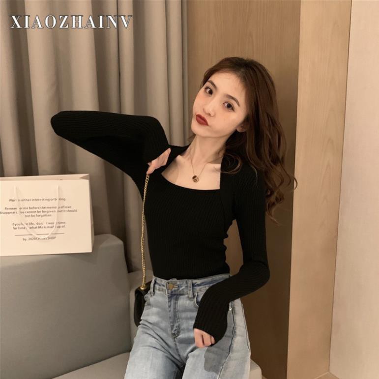 Áo Len Tăm Cổ Vuông Tay Dài Dáng Ôm Phong Cách Hàn Quốc Xinh Xắn Cho Nữ | BigBuy360 - bigbuy360.vn