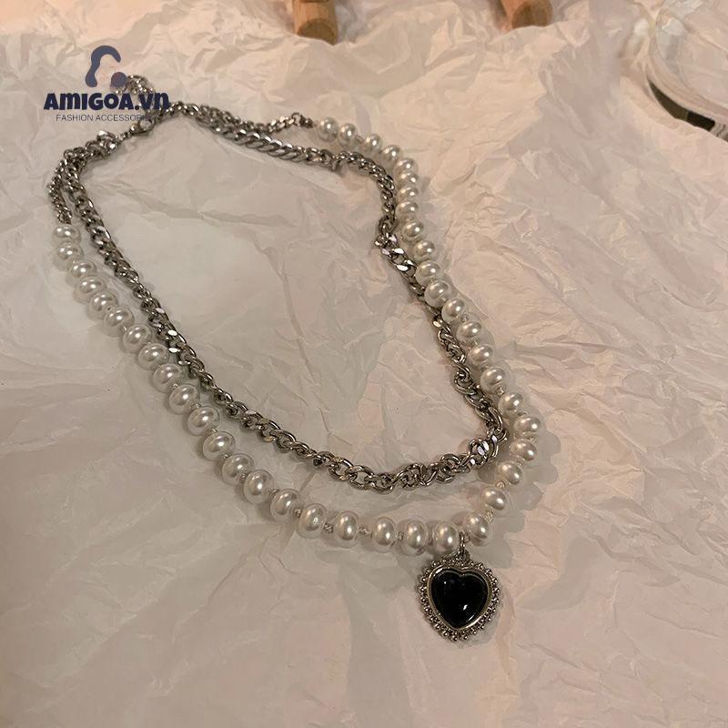 ✨✨Vòng cổ Hai Lớp Mặt Hình Trái Tim Màu Đen Đính Ngọc Trai Phong Cách Hip Hop Cổ Điển Thời Trang Cho Nữ