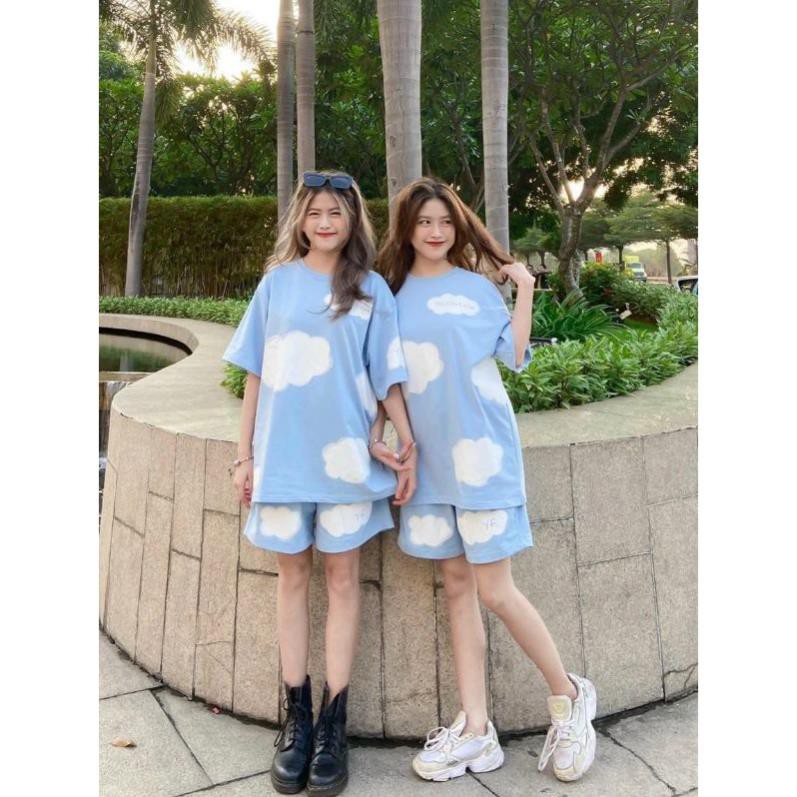 Bộ ngắn tay quần đùi mặc nhà in hình đám mây, chất thun cotton co giãn 4 chiều
