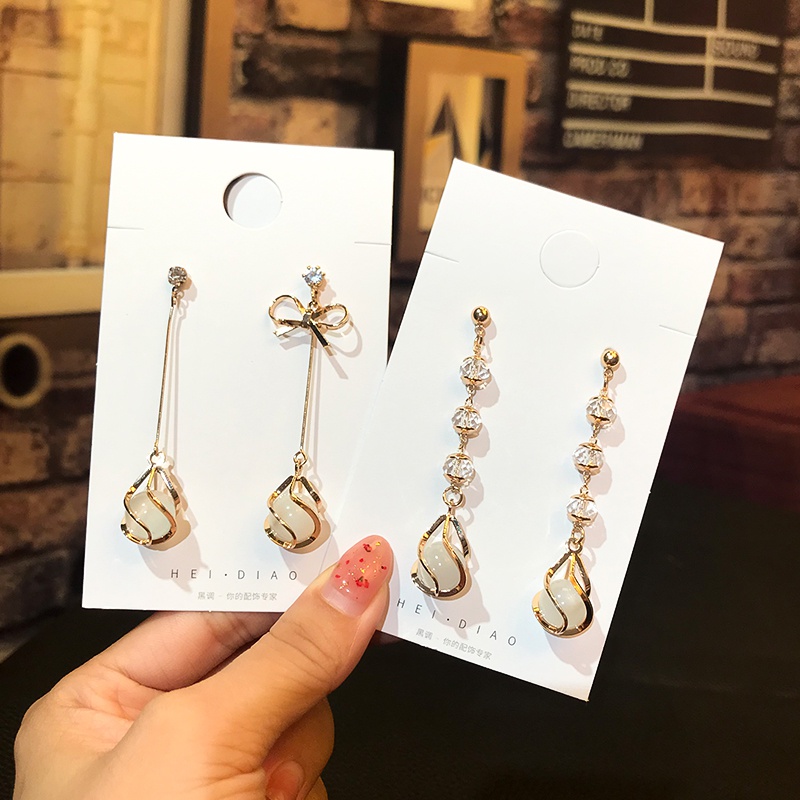 Đôi khuyên tai dáng dài đính đá mắt mèo mẫu 2023 phong cách Hàn Quốc thời trang dành cho nữ