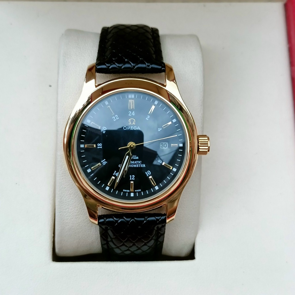 Đồng hồ nam Omega dây da mềm mại sang trọng, mặt kính Sapphire, máy Automatic