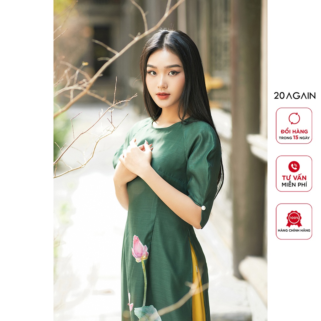 Áo dài cách tân nữ tay bồng in họa tiết hoa sen 20AGAIN, chất liệu lụa cao cấp IDC0115