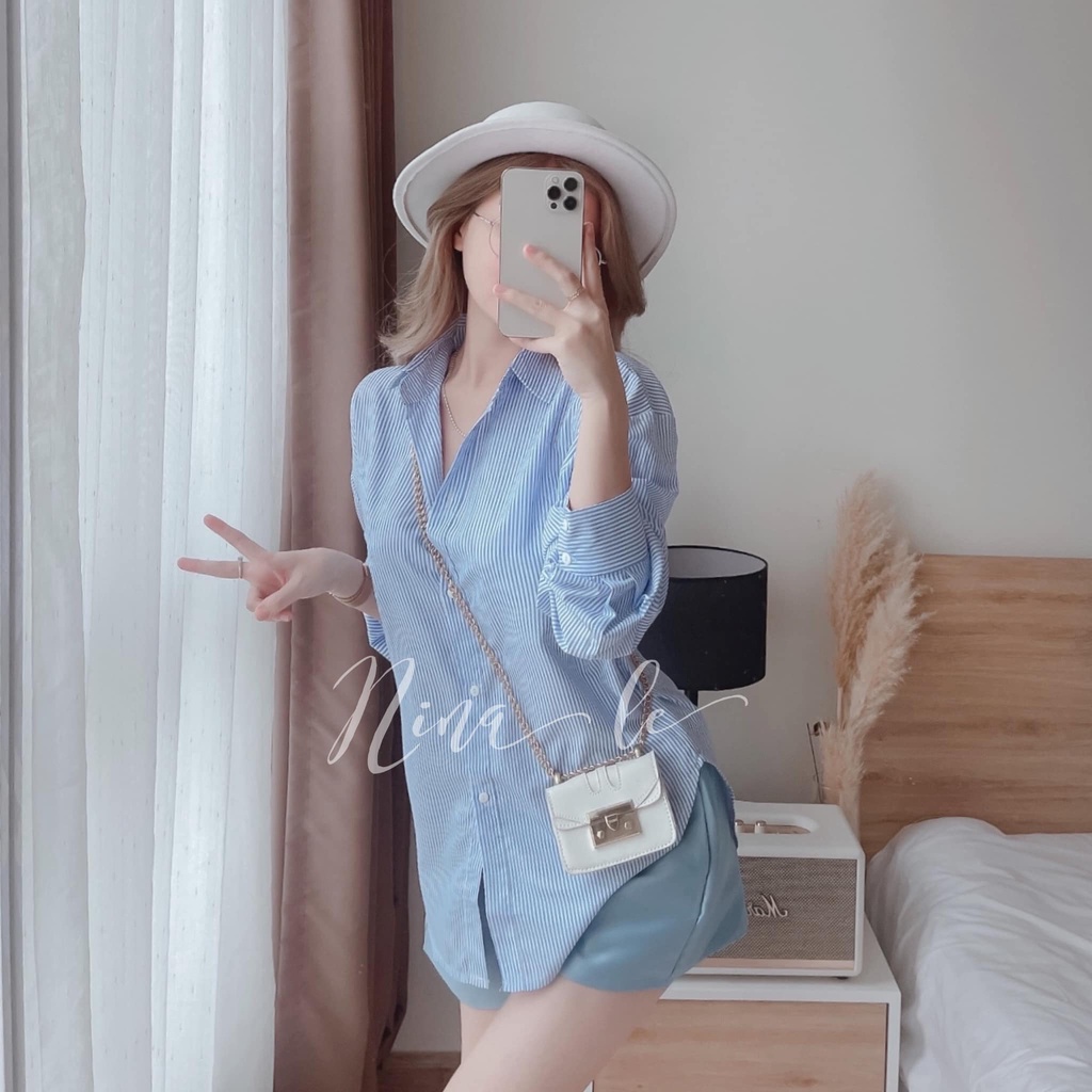 Sét bộ đồ nữ áo sơ mi dài tay kẻ sọc đa dạng màu sắc  phối quần đùi xinh xắn.