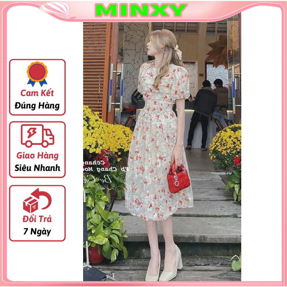 Váy hoa nhí xếp li ngực tay bồng tiểu thư diện đi chơi đi tiệc tone màu sáng da 2 lớp nhẹ nhàng xinh lắm-Minxy