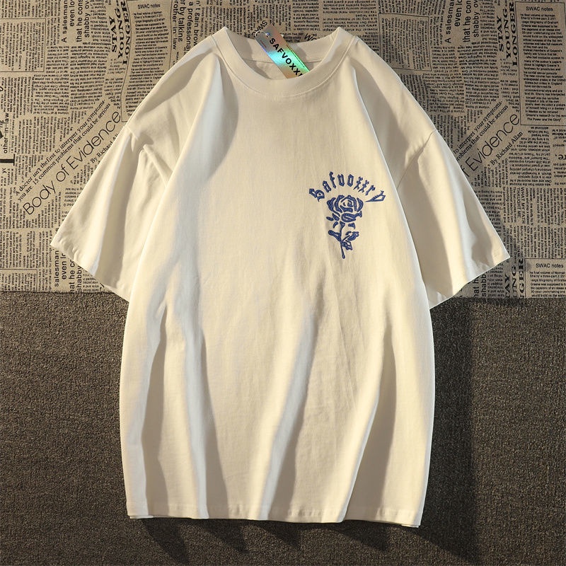 Áo Thun Cotton Ngắn Tay Dáng Rộng In Hình Hoa Hồng Phong Cách Âu Mỹ Cho Nam Nữ
