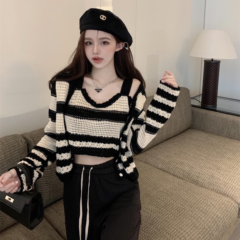 Set Áo Khoác cardigan Họa Tiết Kẻ Sọc Màu Tương Phản Và Áo Cộc Tay Thời Trang Hàn Quốc
