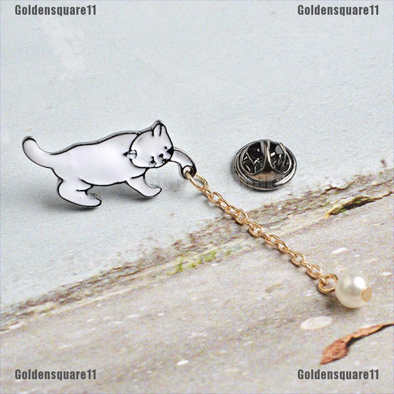 Ghim Cài Áo Hình Mèo Tráng Men Đính Ngọc Trai Dễ Thương