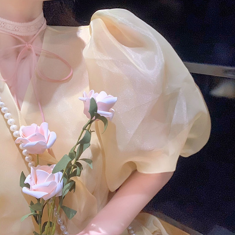 Đầm Công Chúa Cổ Tích Phối Ren Tay Phồng Dài Trung Bình Phong Cách Hepburn Pháp Mùa Hè
