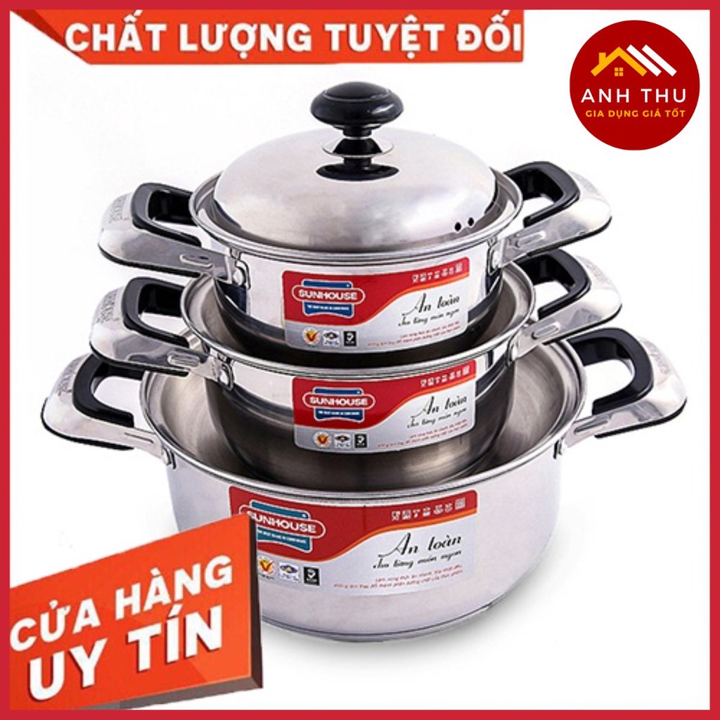 Bộ Nồi Inox 3 Đáy SUNHOUSE SH333 (16,18,24cm) - Phù Hợp Với Mọi Loại Bếp
