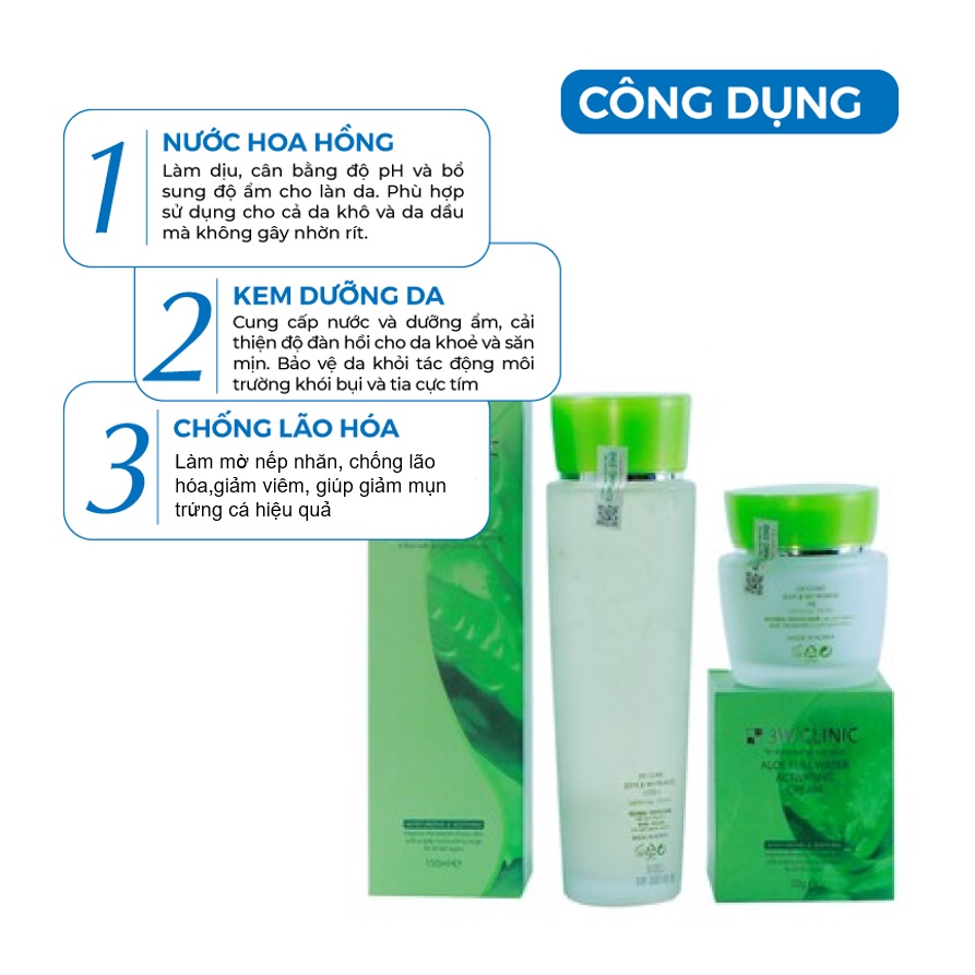 Bộ dưỡng ẩm - Set dưỡng trắng da chống lão hóa chiết xuất Lô Hội 3W Clinic Hàn Quốc [Nước Hoa Hồng + Kem Dưỡng]