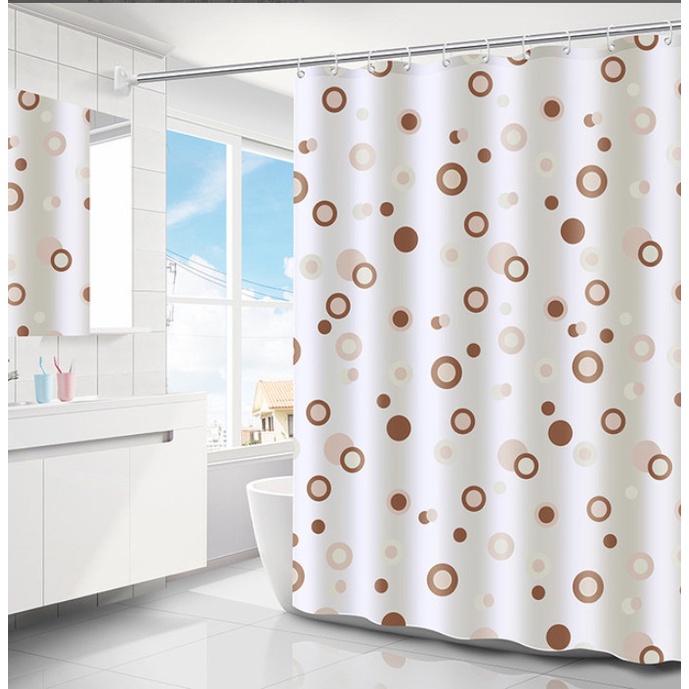 rèm treo nhà tắm có móc treo họa tiết ô vòng tròn nâu - 1m8 x1.8m - dc.market