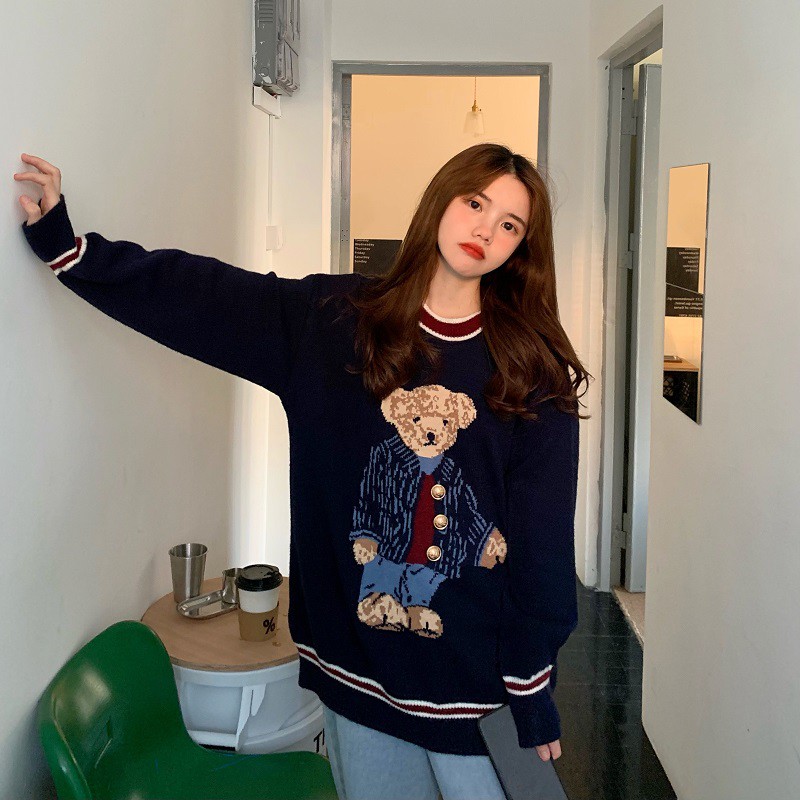 Áo sweater cổ tròn tay dài in hình hoạt hình xinh xắn dễ phối đồ phong cách Hàn Quốc cho nữ
