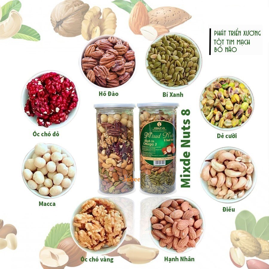 Hỗn Hợp 8 Hạt Tách Vỏ Mắc Ca, Óc Chó Vàng, Hồ đào, Hạnh Nhân, Điều, Dẻ Cười, Bí Xanh, Óc Chó Đỏ