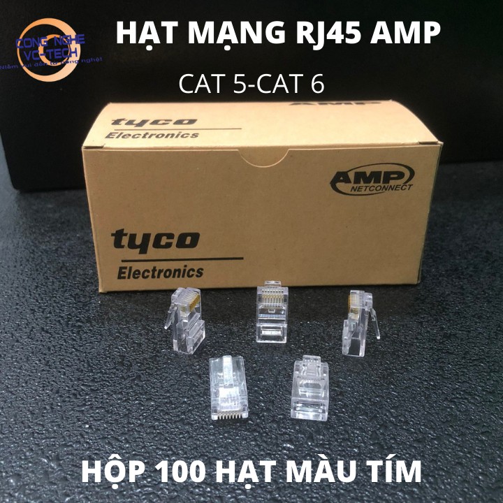 Combo 100 Hạt Mạng Rj45 CAT 5/CAT 6 AMP -HẠT MÀU TÍM CHÍNH HÃNG-LÁ ĐỒNG TIẾP XÚC ĐẢM BÁO TÍN HIỆU TỐC ĐỘ CAO