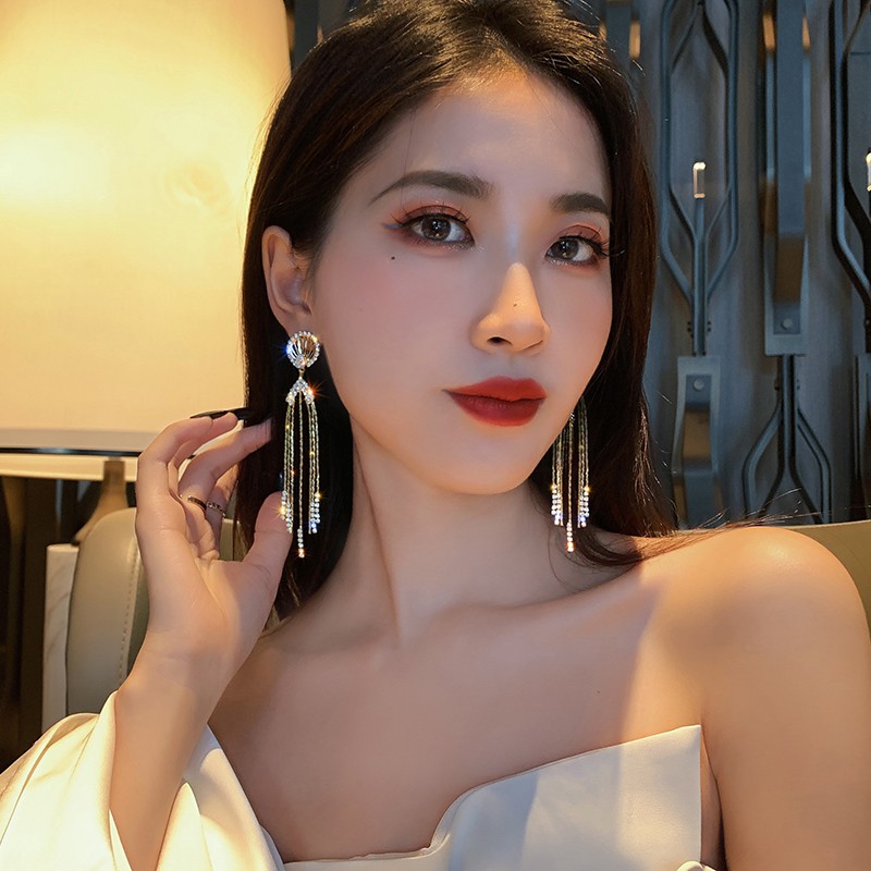 Bông tai thiết kế hình quạt tròn tua dài mạ vàng_M1252