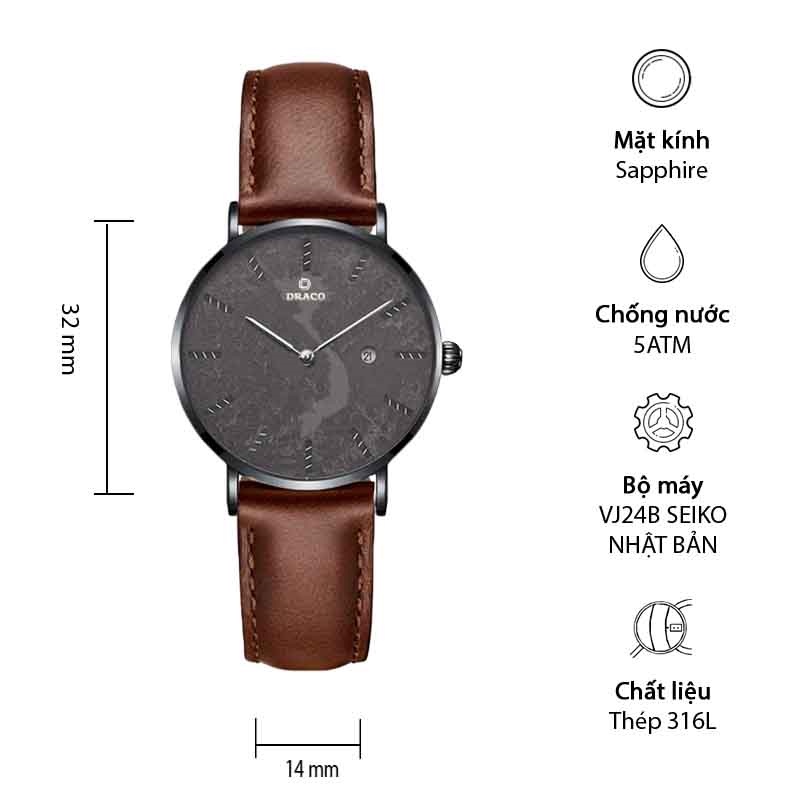 Đồng hồ nữ Draco D22-STN03 &quot;Vietnamese Girl&quot; viền đen kết hợp chất liệu dây da bò màu nâu - phụ kiện thời trang nữ