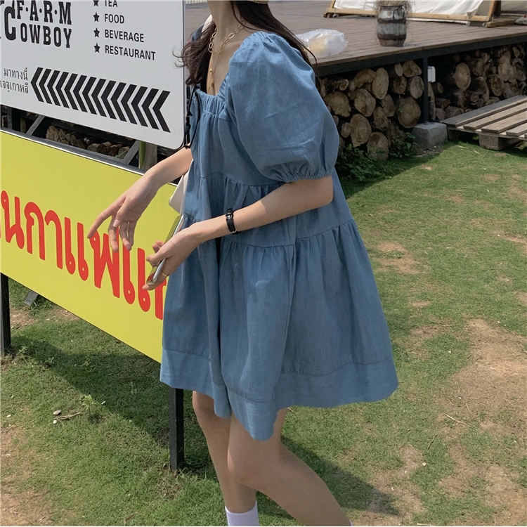  temperament over loose Pleated photo price Dress all Real Korean neck ~ square real skirt denim version | BigBuy360 - bigbuy360.vn