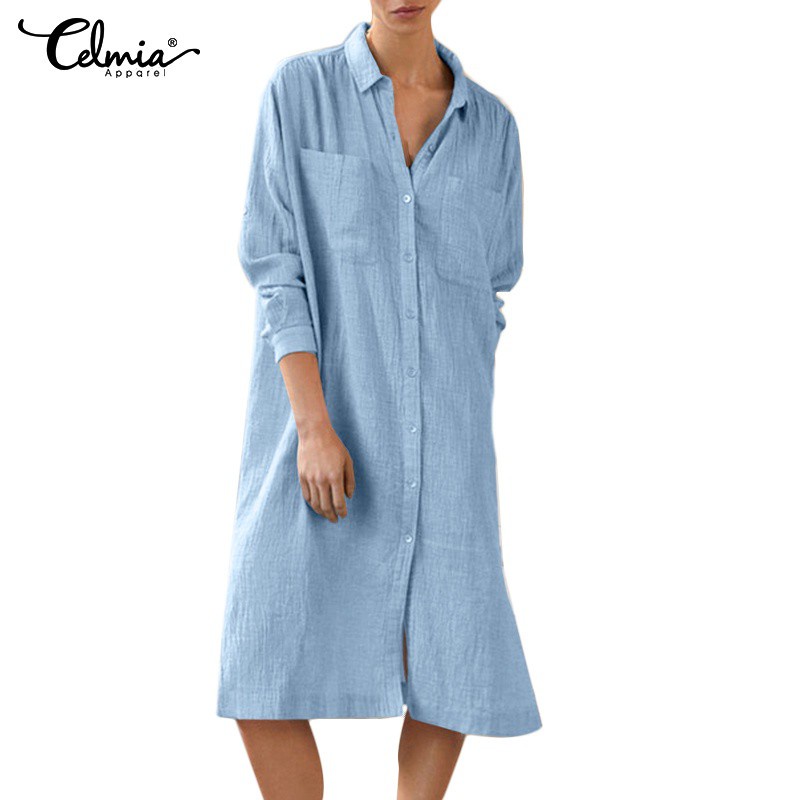 Đầm sơ mi Celmia tay dài dáng rộng cỡ lớn thời trang cho nữ