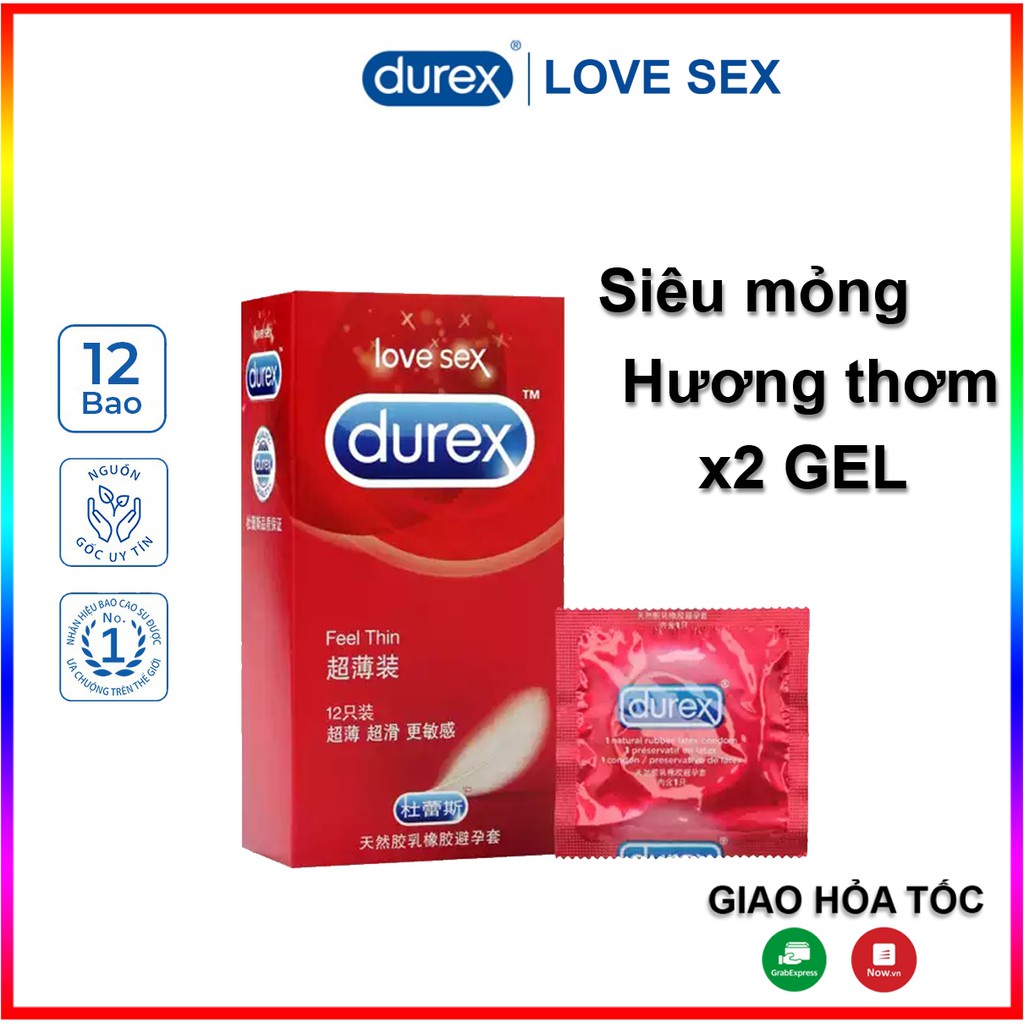 Mỏng Nhưng Chất  Bao cao su Durex Feel Thin, Fetherlite 12 bao, Bcs Siêu Mỏng nhiều gel bôi trơn, mỏng 0.01m.